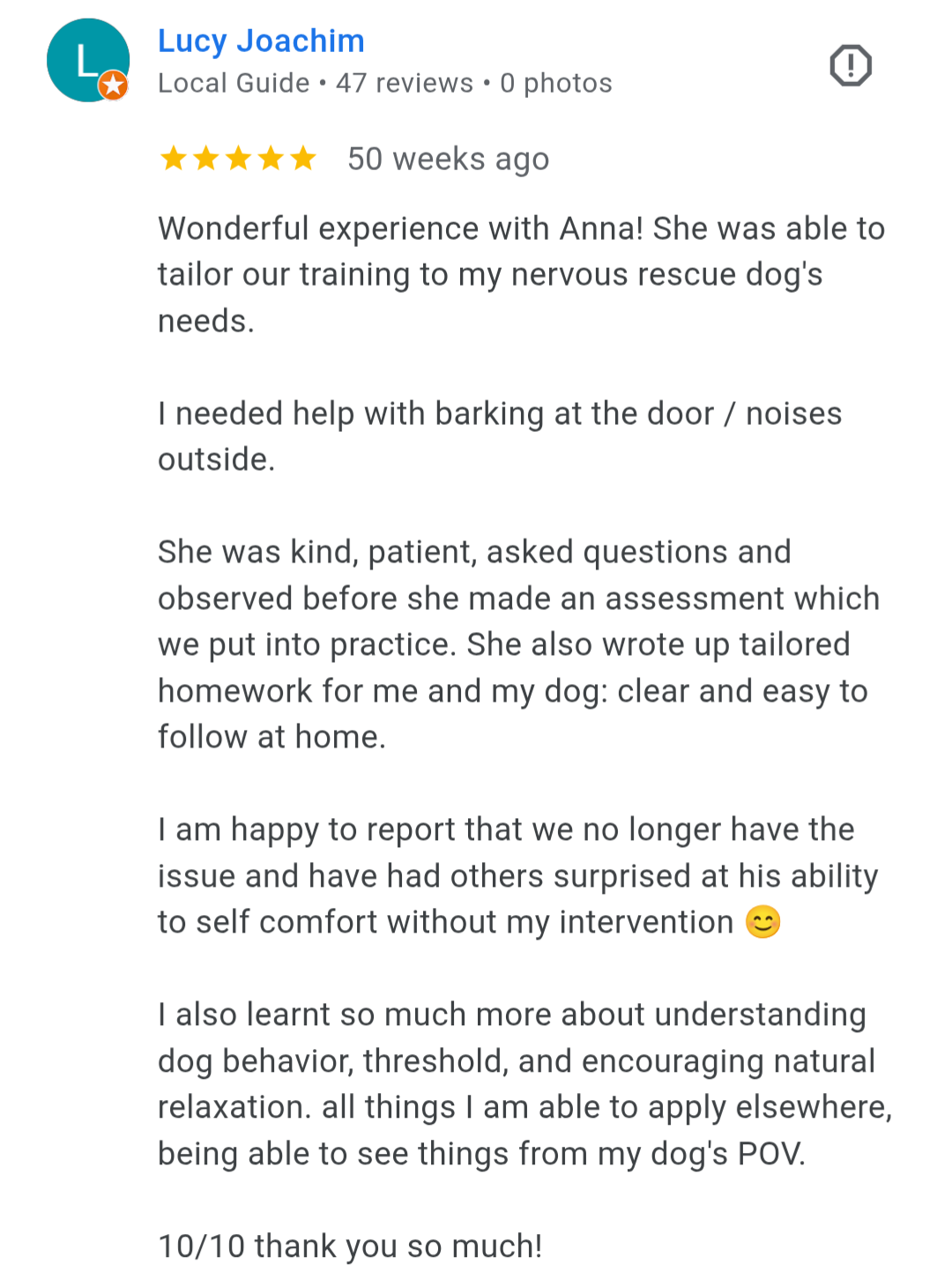 A positive review from Lucy Joachim about her training experience with Anna for her nervous rescue dog, detailing personalized training methods and successful outcomes.